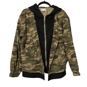 Malibu Bum Camo Hooded Jacket Black Button Zip Green Black Army Womens Large